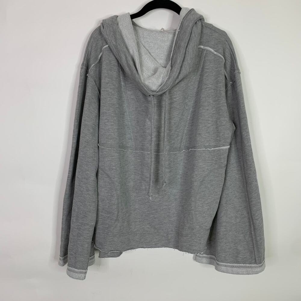 Free People Hooded Sweater Large Heather Gray Wide Arm Sleeves Raw Edge Oversize